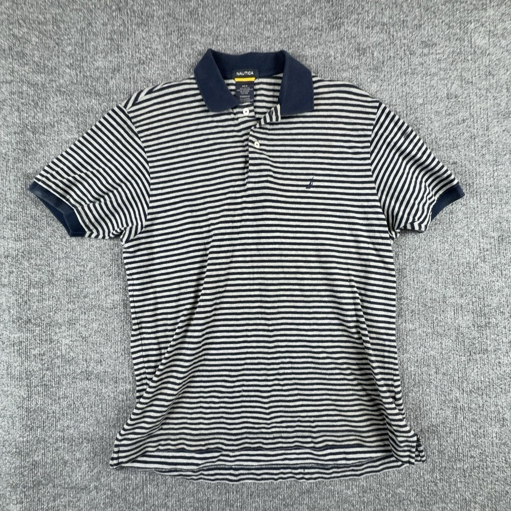 Nautica Polo Shirt Mens Medium Blue Gray Striped Cotton Knit Logo Casual
